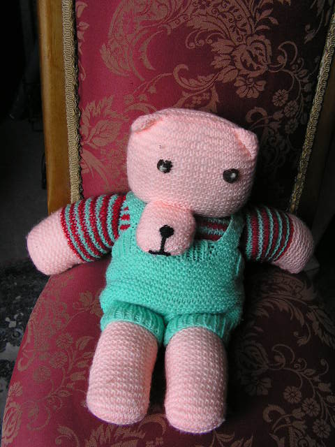 SOFT TOY, Knitted Bear w Mint Green Bloomers